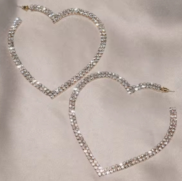 Huge Rhinestone Heart Silver Hoop Earrings CZ Crystal Pave Hoops New - Picture 8 of 14